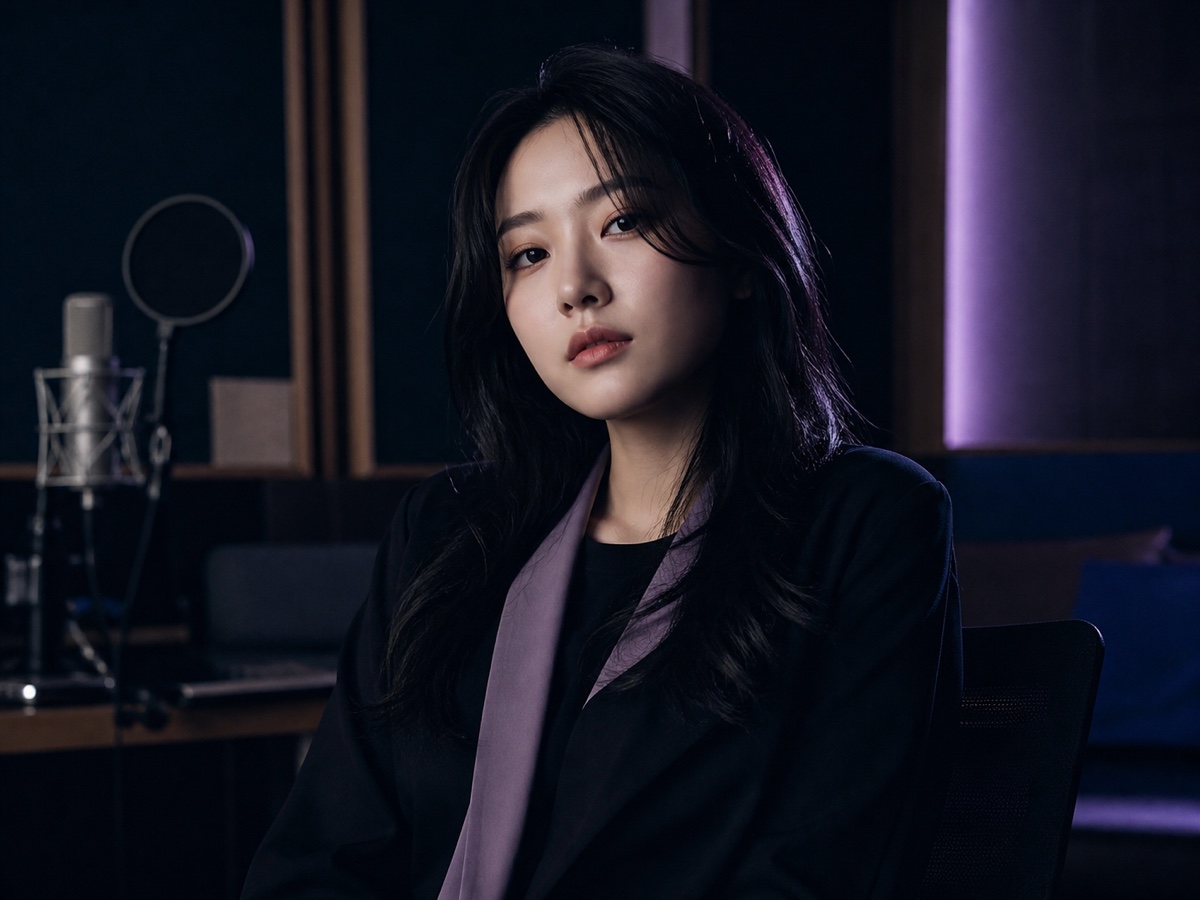 Fictional indie artist Mina Seo in a recording studio